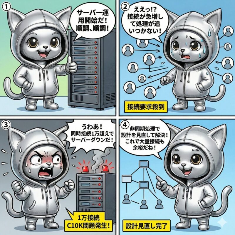 デプロイ太郎が解説するC10K問題の4コマ漫画。同時接続数の急増によるサーバーパンクと、スケーラブルな設計による解決策。