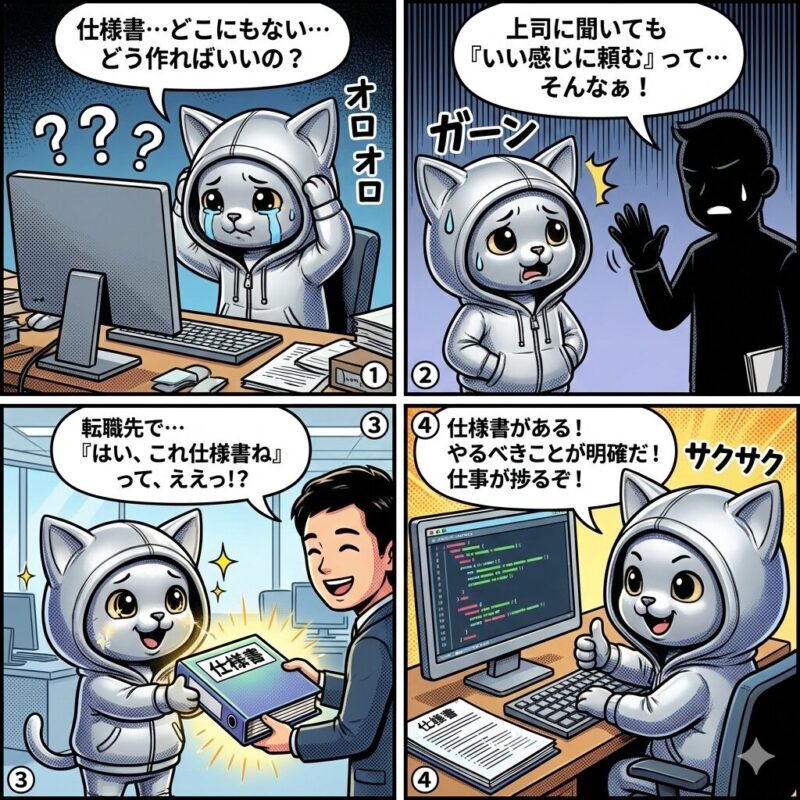 仕様書の有無が業務効率とモチベーションに与える影響を描いた、デプロイ太郎の転職ビフォーアフター4コマ漫画。