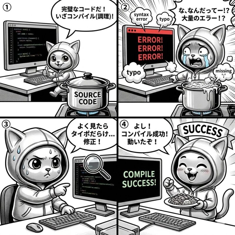 デプロイ太郎の4コマ漫画「コンパイルエラー」。コード作成からエラー発生、原因の特定と修正を経て、コンパイル成功に至るまでのプロセスを描写。