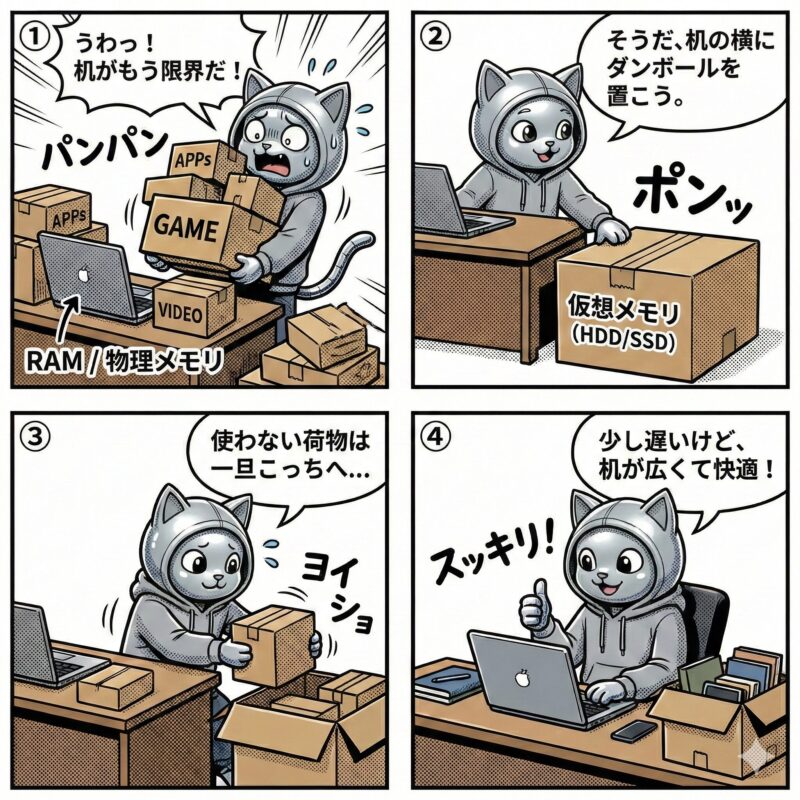 デプロイ太郎が「仮想メモリ」の仕組みを解説する4コマ漫画。物理メモリを「机」、仮想メモリを「段ボール箱」に例え、使わないデータを一時的に箱へ移すことで、机(メモリ)の作業スペースを確保する様子を描いている。