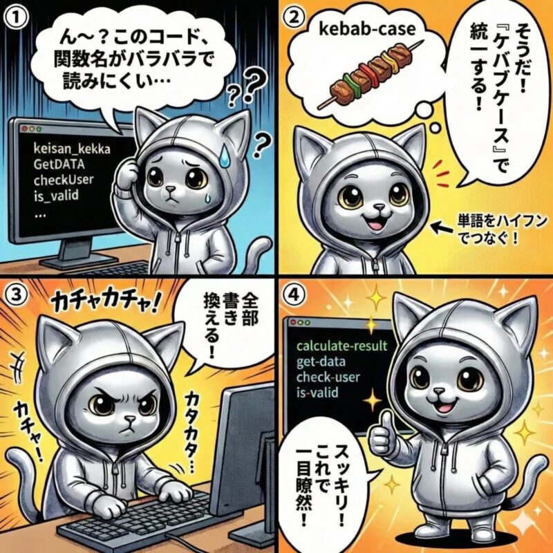 銀色の猫のキャラクター「デプロイ太郎」が、プログラミングの関数命名規則をケバブケースに統一することで、コードの可読性を向上させる様子を描いた4コマ漫画。