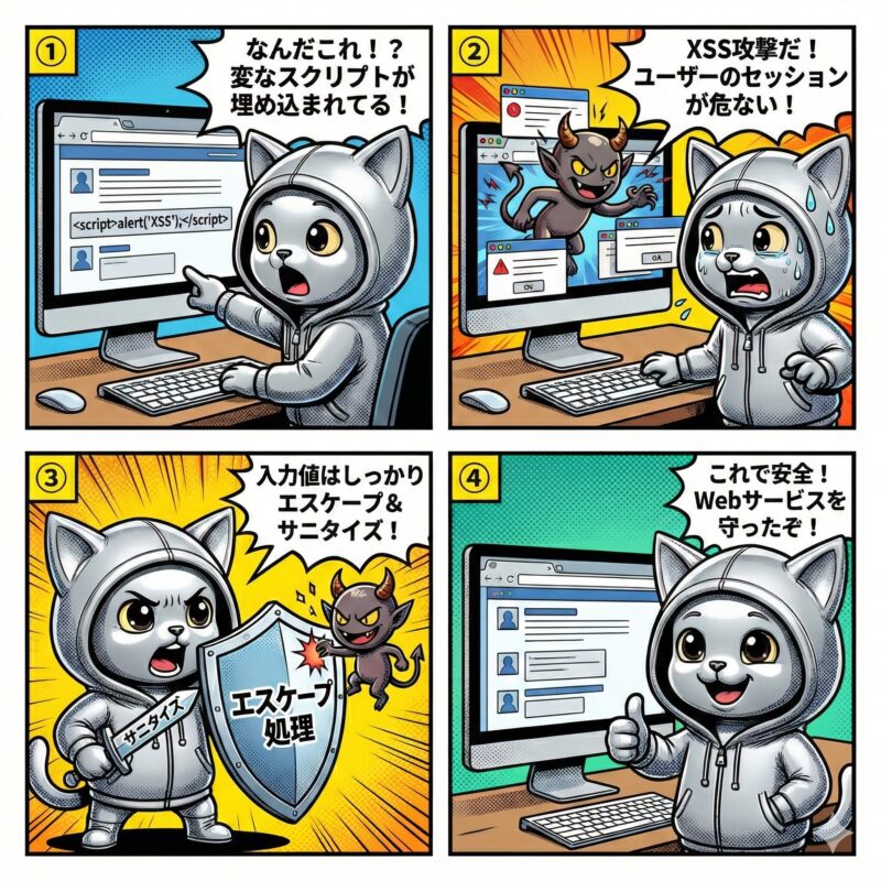銀色の猫のキャラクター「デプロイ太郎」が、Webサイトへのクロスサイトスクリプティング(XSS)攻撃を検知し、エスケープ処理とサニタイズによって防御・解決する様子を描いた解説4コマ漫画。