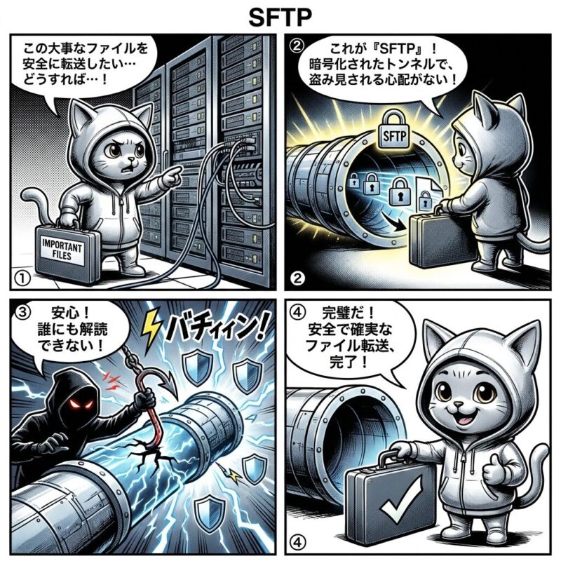 デプロイ太郎がSFTPを用いて暗号化された経路で安全にファイルを転送し、外部の攻撃からデータを守る仕組みを描いた4コマ漫画。