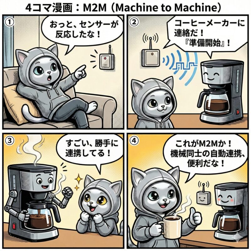 デプロイ太郎がセンサーと家電の自動連携を通じて、機械同士が直接通信・制御し合うM2M(Machine to Machine)の仕組みを解説する4コマ漫画。