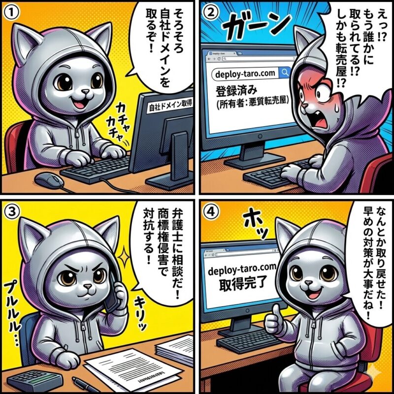 デプロイ太郎が自社ドメインを悪質な転売屋に取得されるサイバースクワッティング被害に遭い、法的措置で取り戻すまでを描いた4コマ漫画。