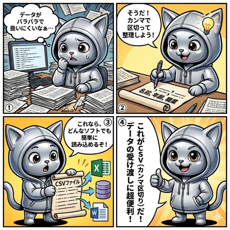 デプロイ太郎がCSV(カンマ区切り)の仕組みと利便性を解説する4コマ漫画。データをカンマで区切ることで整理し、異なるソフト間での互換性を高める様子を描写。