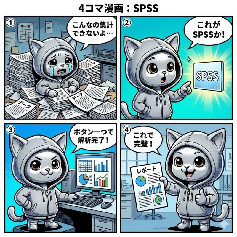 銀色の猫キャラクター「デプロイ太郎」が、統計解析ソフトSPSSを使って複雑なデータ集計を効率化し、レポート作成を完了させる様子を描いた4コマ漫画。