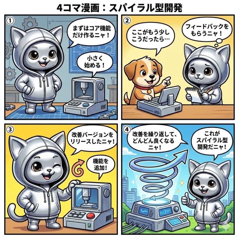 デプロイ太郎が解説するスパイラル型開発の4コマ漫画。プロトタイプの作成、フィードバック、改善のサイクルを繰り返して完成度を高める手法を図解。