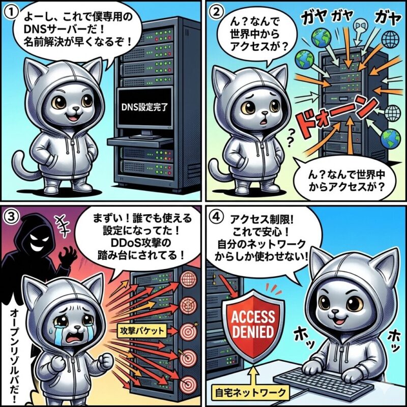 デプロイ太郎が解説する、オープンリゾルバの危険性と適切なアクセス制限による対策を描いた4コマ漫画。