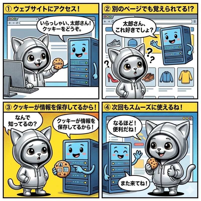 ウェブサイト閲覧時のユーザー情報保存の仕組み「Cookie(クッキー)」を解説する、銀色の猫キャラクター「デプロイ太郎」の4コマ漫画。