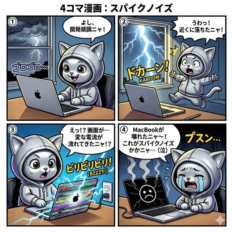 デプロイ太郎が解説するスパイクノイズの4コマ漫画。落雷などに伴う瞬間的な高電圧が、電源を通じて電子機器を破壊する現象を図解。