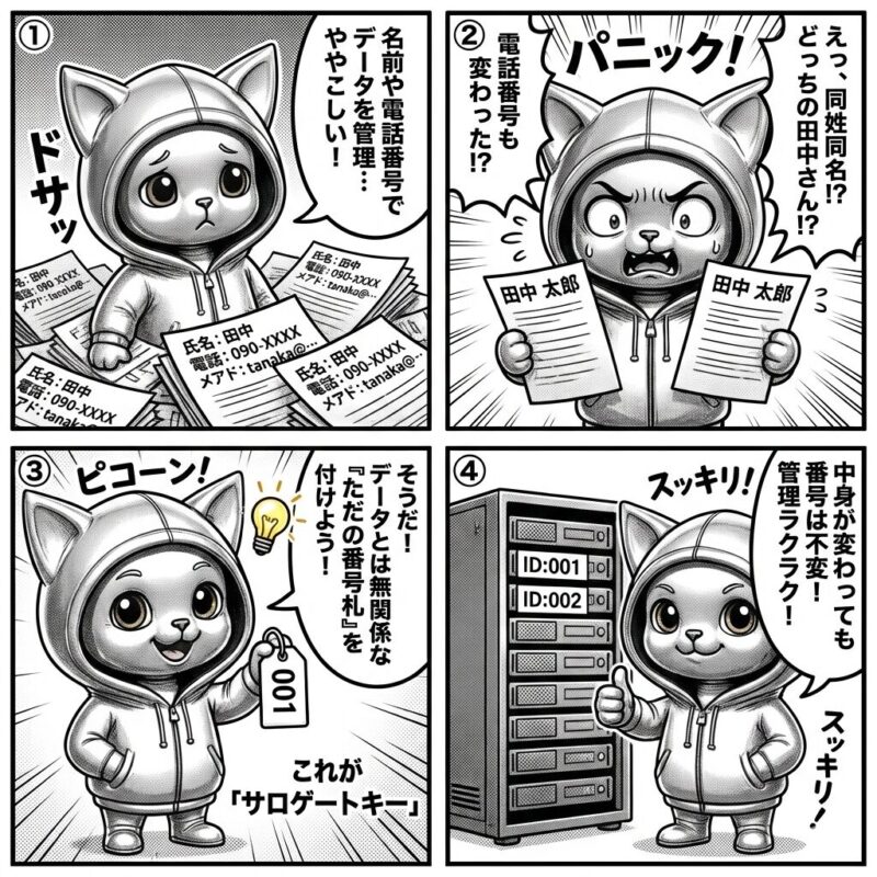 データベース管理における「サロゲートキー」の概念と利便性を解説したデプロイ太郎の4コマ漫画。
