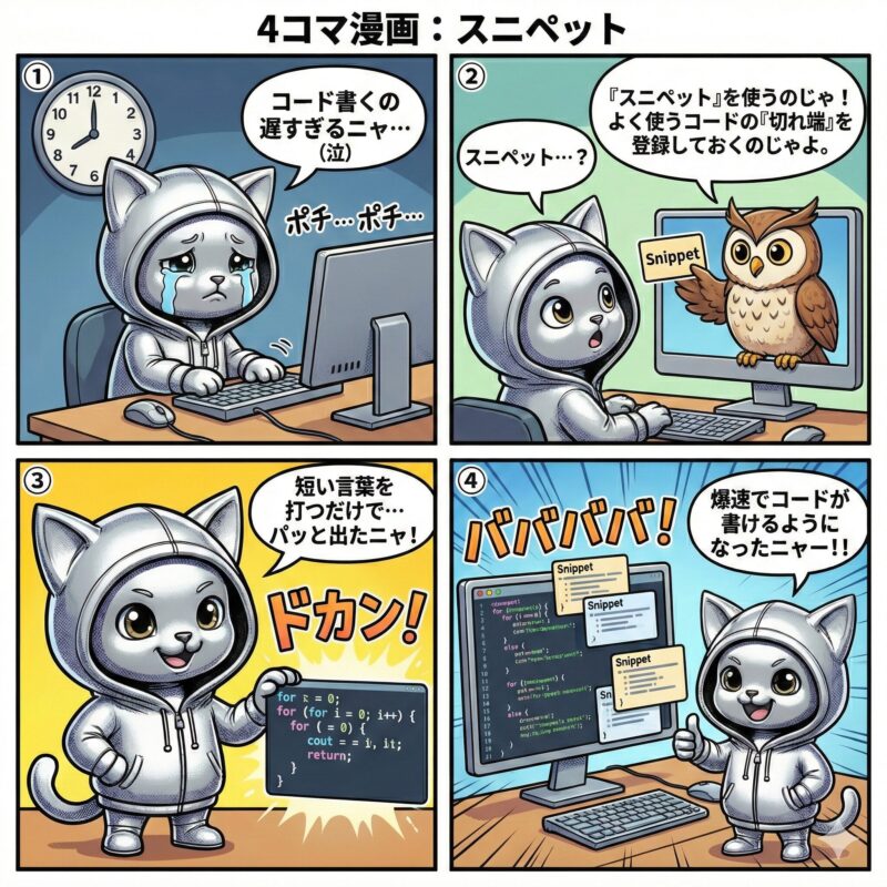デプロイ太郎が解説するスニペットの4コマ漫画。頻出するコードを定型文として登録し、短い入力で呼び出してコーディングを高速化する仕組みを図解。