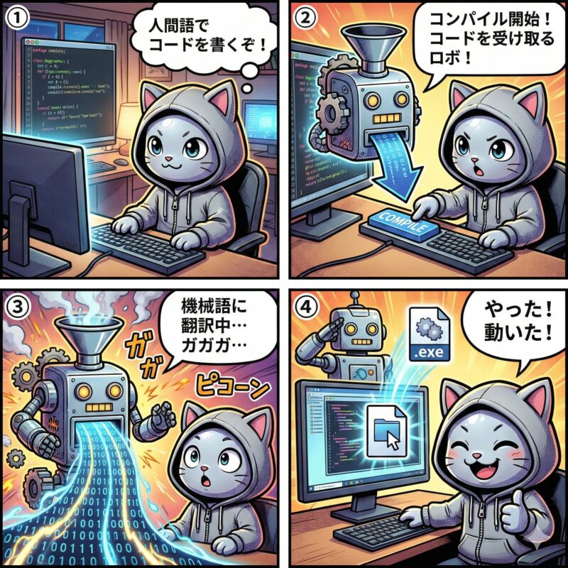 デプロイ太郎がコンパイラの仕組みを解説する4コマ漫画。人間が書いたプログラムコードを、コンパイラ(ロボット)が機械語に一括翻訳し、実行可能なファイルに変換する過程を描いている。