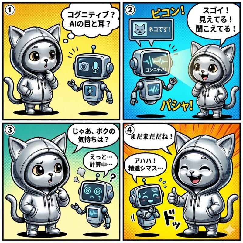 銀色の猫キャラクター「デプロイ太郎」が、AIロボットとの対話を通じて、画像・音声認識といった「コグニティブ(認知)」技術の機能とその限界を解説する4コマ漫画。