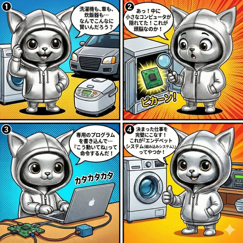 銀色の猫キャラクター「デプロイ太郎」が、家電製品などに搭載された特定の機能を実現するための「エンデベットシステム(組込みシステム)」の仕組みと役割を解説する4コマ漫画。