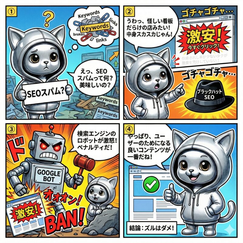 SEOスパムのリスクと正しい対策を解説するデプロイ太郎の4コマ漫画