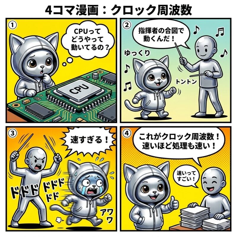CPUのクロック周波数を指揮者のテンポに例えて解説するデプロイ太郎の4コマ漫画。