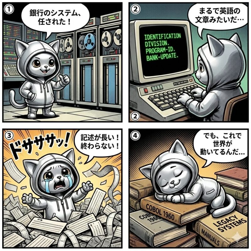銀行の基幹システムを支えるプログラミング言語「COBOL」の特徴と、その冗長な記述や歴史的重みを、銀色の猫キャラクター「デプロイ太郎」が解説する4コマ漫画。