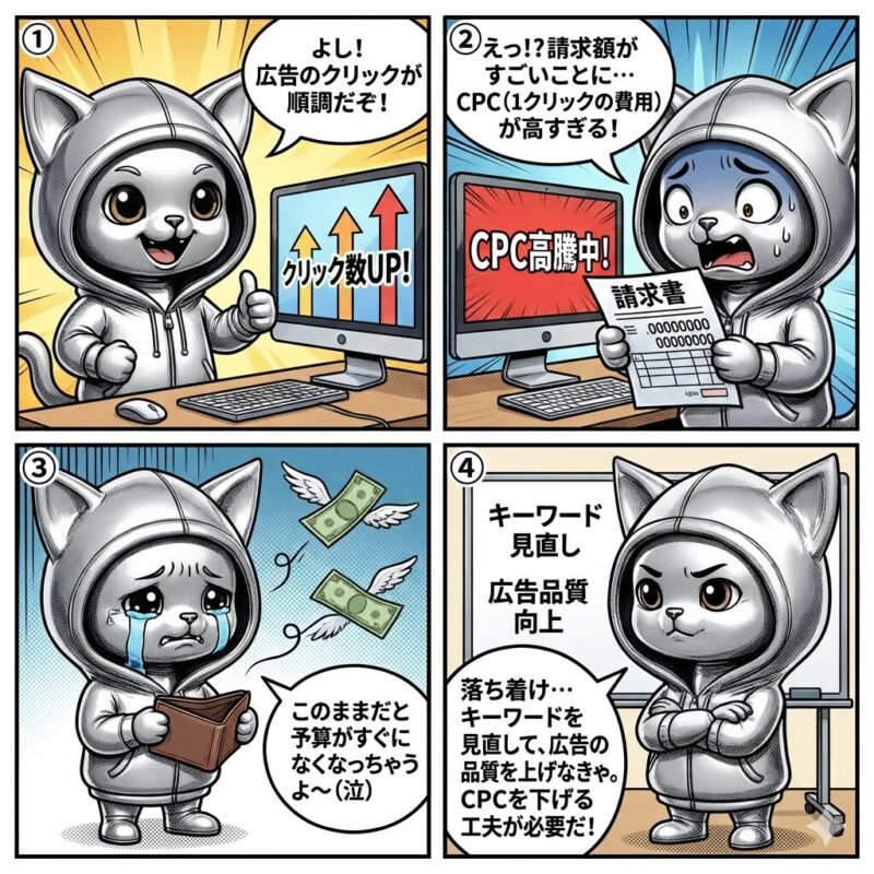 デプロイ太郎がCPC(クリック単価)の高騰に直面し、対策の重要性を学ぶ4コマ漫画。