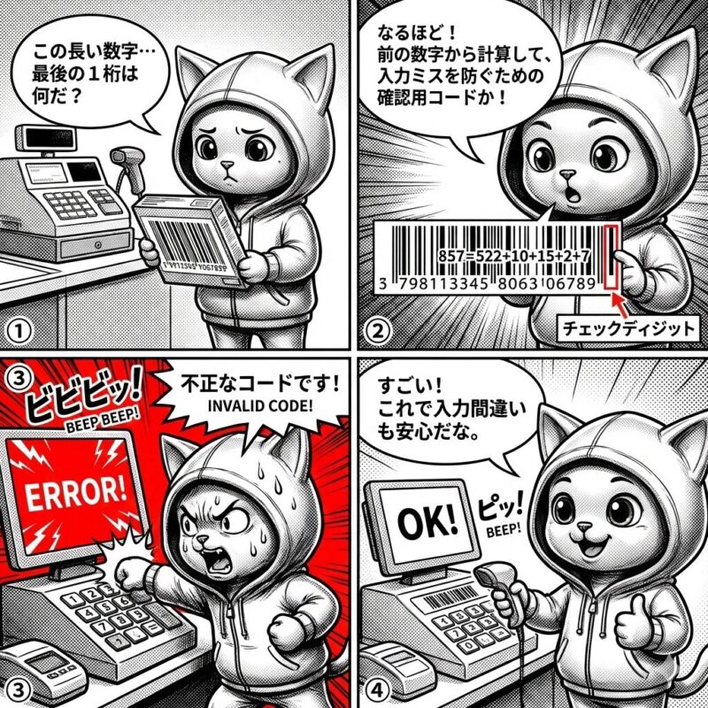 デプロイ太郎がレジ打ち体験を通じて、バーコードのチェックディジットが入力ミスを防ぐ仕組みであることを学ぶ4コマ漫画。