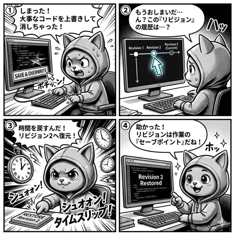 コードを誤って上書きしてしまったキャラクターが、バージョン管理の「リビジョン」機能を使って過去の状態に復元し、その利便性をセーブポイントに例えて解説する4コマ漫画。