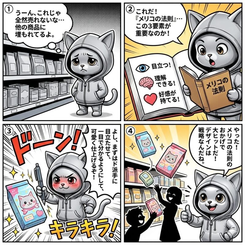 デプロイ太郎が「メリコの法則」を学び、パッケージデザインを改善して商品をヒットさせる4コマ漫画。