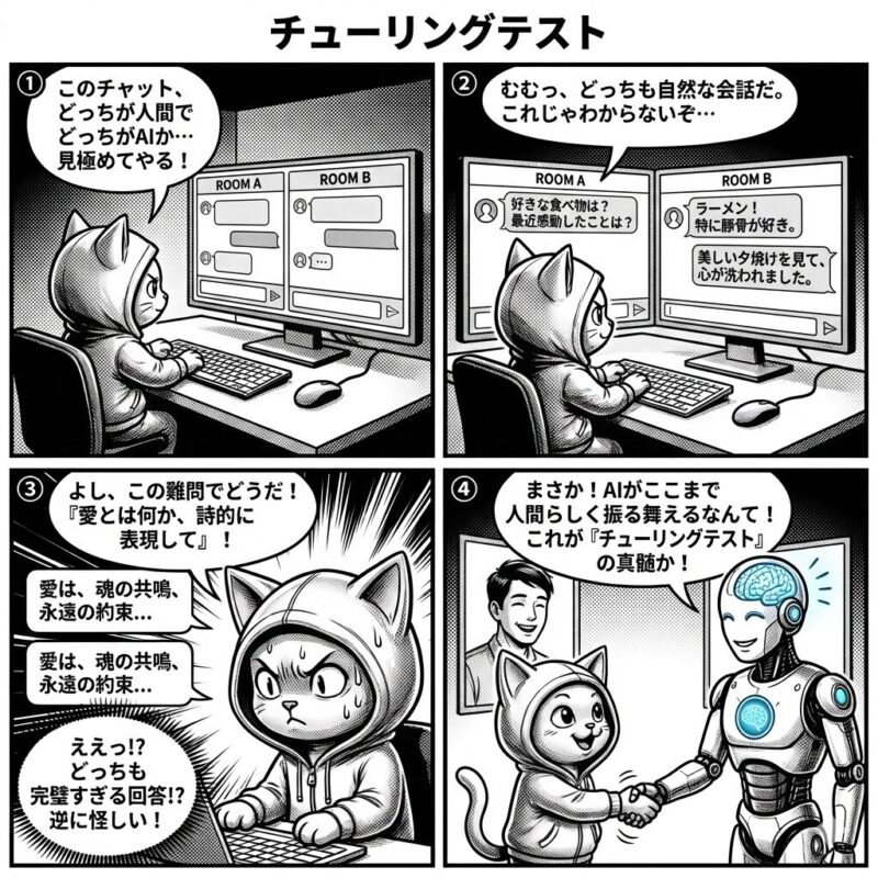 デプロイ太郎が、チャットを通じて相手が人間かAIかを判定する「チューリングテスト」を行い、AIの高度な自然言語能力に驚く様子を描いた4コマ漫画。