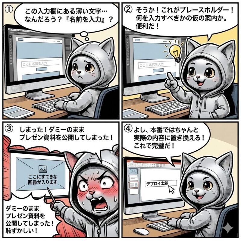 銀色の猫のキャラクター「デプロイ太郎」が、Webフォームや資料作成における「プレースホルダー(仮の案内表示)」の便利な役割と、それを本番データに置き換え忘れる失敗について学ぶ4コマ漫画。