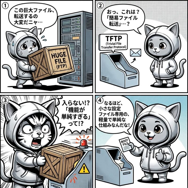 銀色の猫のキャラクター「デプロイ太郎」が、TFTP(簡易ファイル転送プロトコル)は巨大ファイルには不向きで、小さな設定ファイル専用の単純な仕組みであることを学ぶ4コマ漫画。