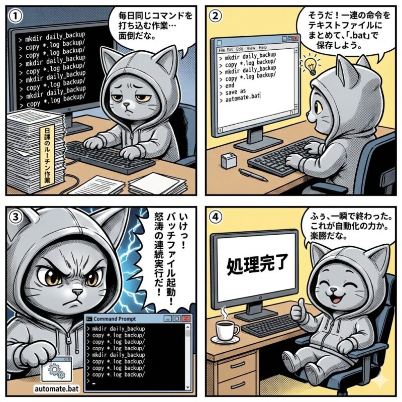 銀色の猫のキャラクター「デプロイ太郎」が、面倒な手作業を「バッチファイル」で自動化し、業務効率を劇的に改善させる様子を描いた4コマ漫画。