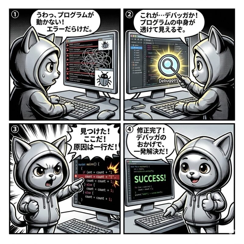 銀色の猫キャラクター「デプロイ太郎」が、デバッガツールを用いてプログラムのバグを発見し修正するまでを描いた4コマ漫画。