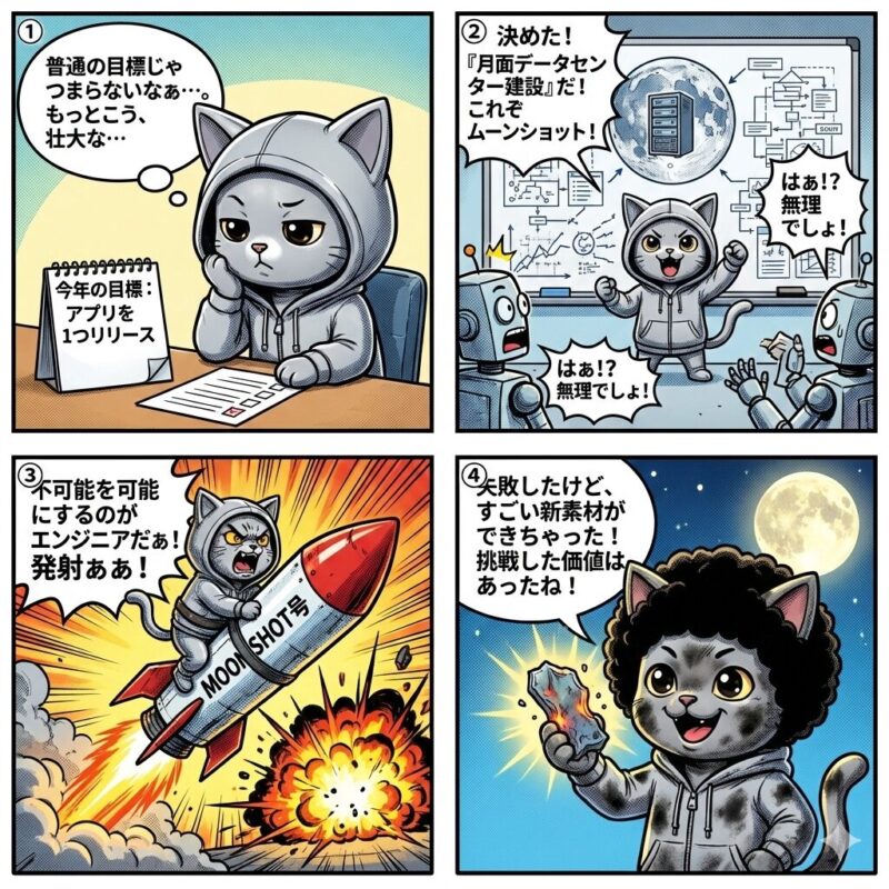 壮大な目標「ムーンショット」に挑戦するデプロイ太郎の4コマ漫画。月面データセンター建設を目指して失敗するが、その過程で予期せぬ新素材を発見し、挑戦の意義を見出す様子を描く。