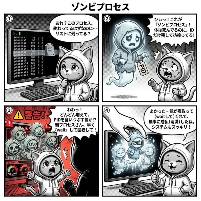 デプロイ太郎が、終了しても管理情報だけが残る「ゾンビプロセス」の仕組みと、親プロセスによる回収(wait)での解決方法を解説する4コマ漫画。