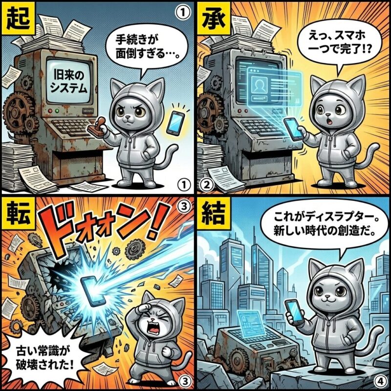銀色の猫キャラクター「デプロイ太郎」が、スマートフォン(ディスラプター)を用いて旧来のシステムを破壊し、新しい時代を切り拓く様子を描いた4コマ漫画。