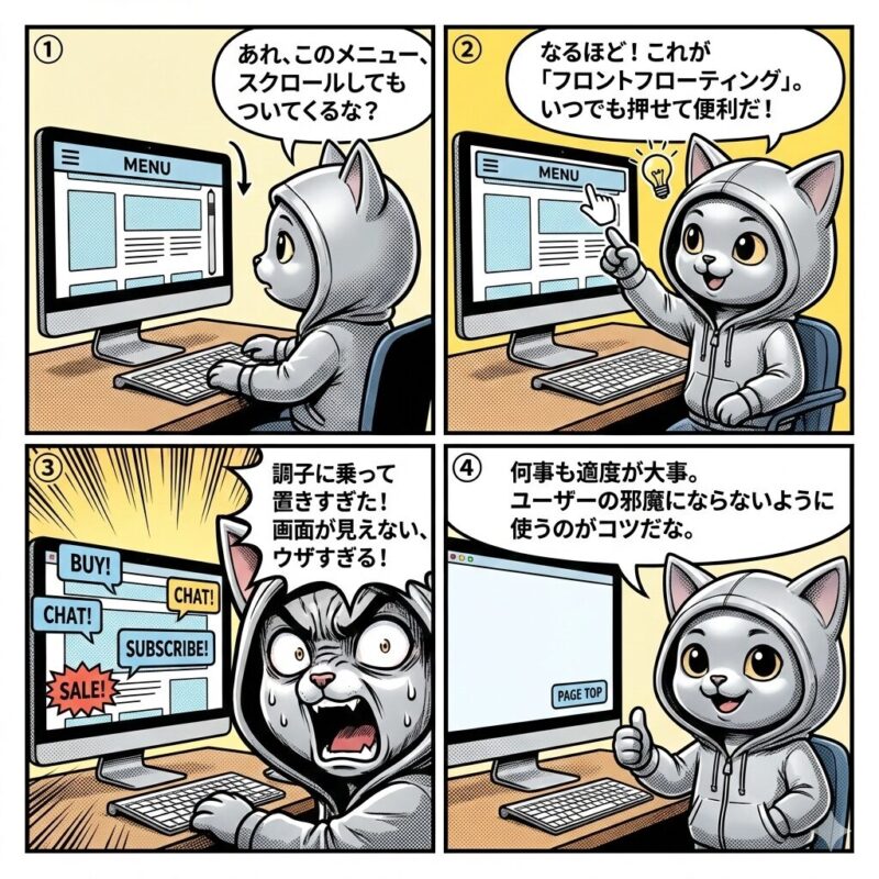 銀色の猫のキャラクター「デプロイ太郎」が、Webページのスクロールに追従する「フロントフローティング」要素の利便性と、使いすぎの弊害について解説する4コマ漫画。