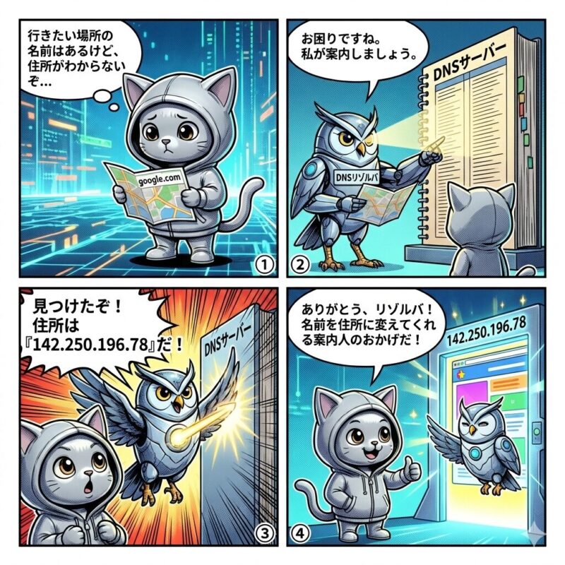 デプロイ太郎がDNSリゾルバの仕組みを学ぶ4コマ漫画。ドメイン名をIPアドレスに変換する過程を解説。