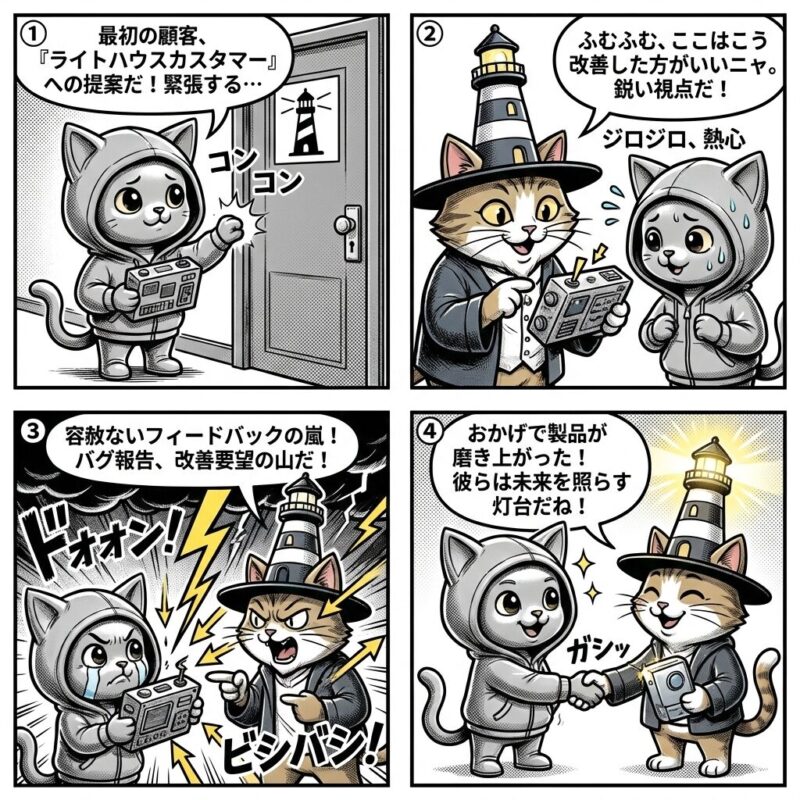 銀色の猫キャラクター「デプロイ太郎」が、製品開発の初期段階で厳しいが有益なフィードバックを提供する「ライトハウスカスタマー」の役割を解説する4コマ漫画。