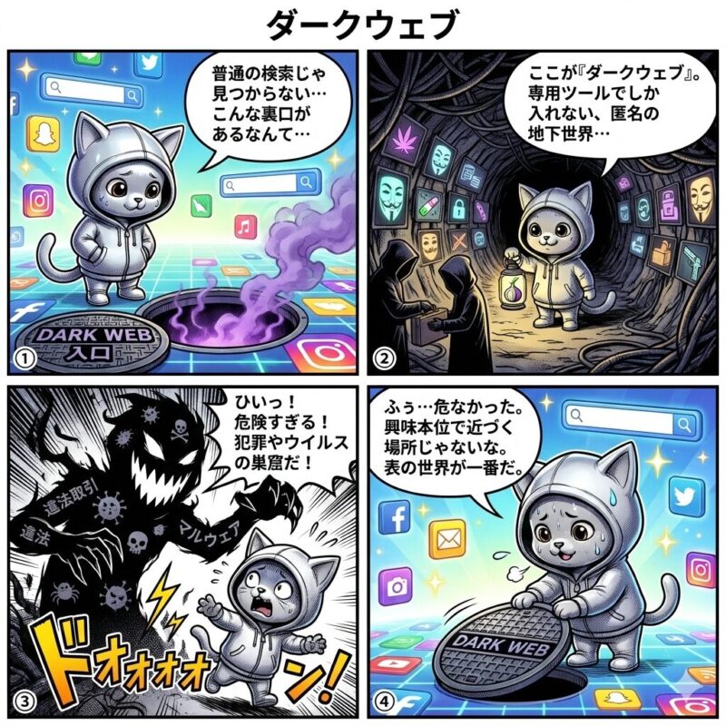 デプロイ太郎が、専用ツールでしかアクセスできない「ダークウェブ」の仕組みと、そこに潜む犯罪やマルウェアの危険性を解説する4コマ漫画。