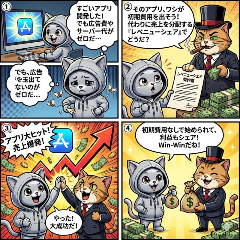 初期費用ゼロで事業を始め、発生した売上を分配するビジネスモデル「レベニューシェア」の仕組みとメリットを解説した4コマ漫画。アプリ開発者と投資家のWin-Winな関係を描く。