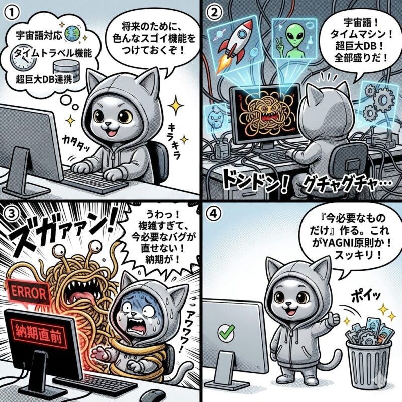 銀色の猫キャラクター「デプロイ太郎」が、不必要な機能を実装することの弊害と、YAGNI原則(今必要なものだけを作る)の重要性を解説する4コマ漫画。