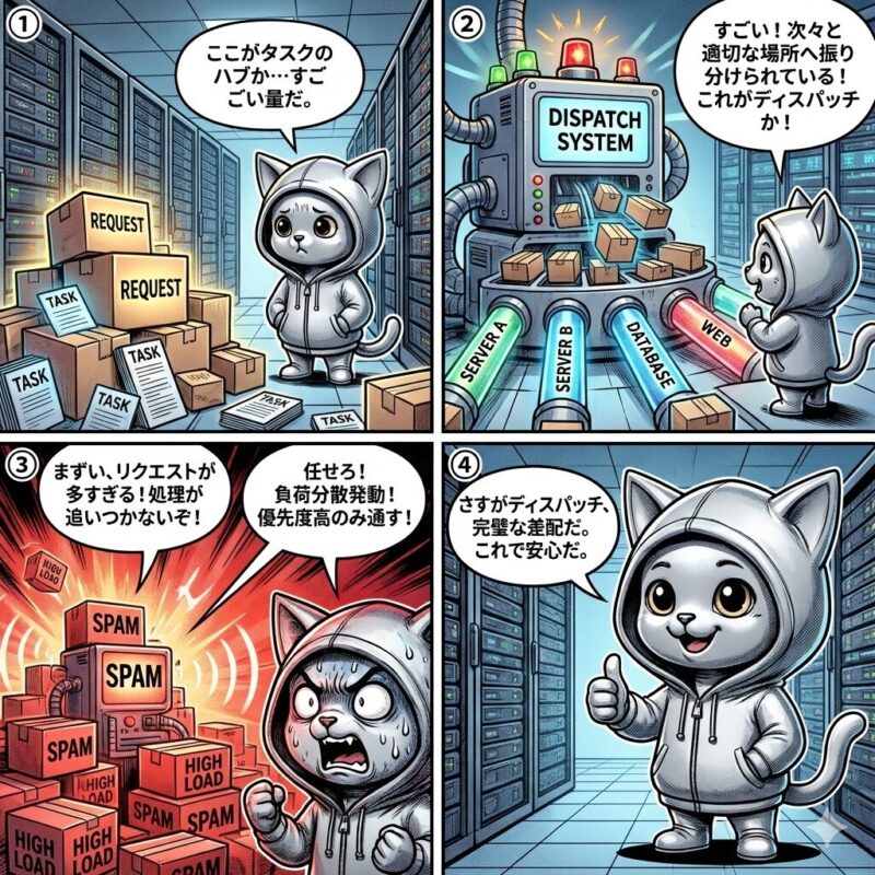 デプロイ太郎が、大量のタスクを適切なサーバーやデータベースへ効率的に振り分ける「ディスパッチ」の仕組みと重要性を解説する4コマ漫画。