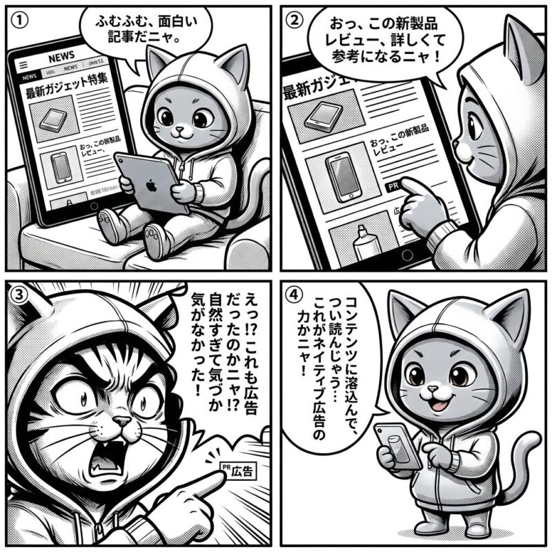 銀色の猫のキャラクター「デプロイ太郎」が、通常の記事コンテンツに自然に溶け込んだ広告手法である「ネイティブ広告」を体験し、その特徴と効果を学ぶ4コマ漫画。