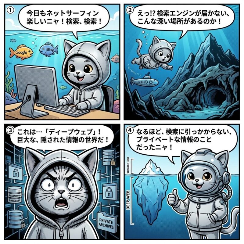 銀色のパーカーを着た猫のキャラクター「デプロイ太郎」が、インターネット上の検索可能な「サーフェイスウェブ」と、検索エンジンが到達できない広大な「ディープウェブ」の違いを氷山の比喩で解説する4コマ漫画。