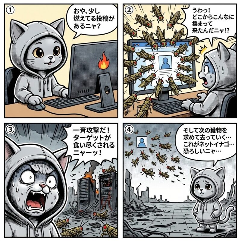銀色のパーカーを着た猫のキャラクター「デプロイ太郎」が、インターネット上で特定の対象に集団で攻撃を仕掛け、荒らし尽くして去っていく「ネットイナゴ」の行動と恐怖を解説する4コマ漫画。