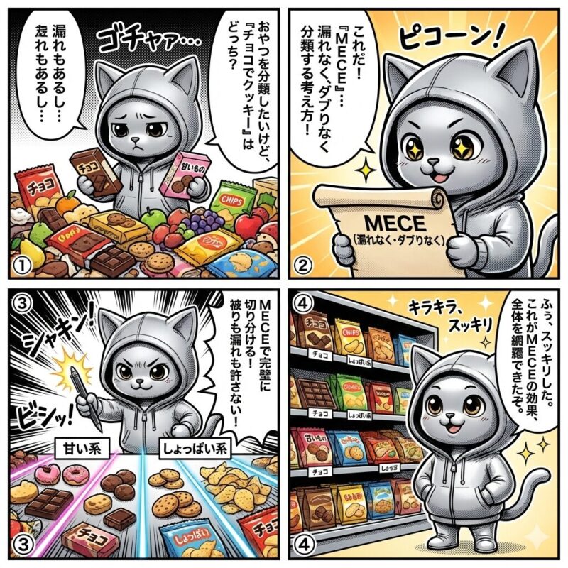 銀色の猫キャラクター「デプロイ太郎」が、おやつの分類を通して論理的思考の枠組み「MECE(漏れなく、ダブりなく)」の概念と効果を解説する4コマ漫画。