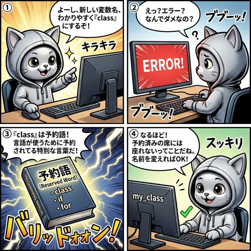 銀色の猫キャラクター「デプロイ太郎」が、プログラミングにおいて特定の単語が変数名として使用できない「予約語」の仕組みと対処法を学ぶ4コマ漫画。