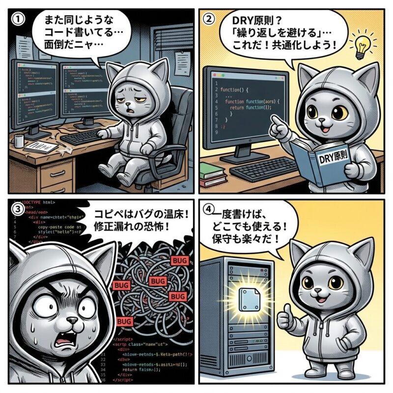 銀色のパーカーを着た猫のキャラクター「デプロイ太郎」が、ソフトウェア開発におけるDRY原則(Don't Repeat Yourself:繰り返しを避ける)の重要性とメリットを解説する4コマ漫画。