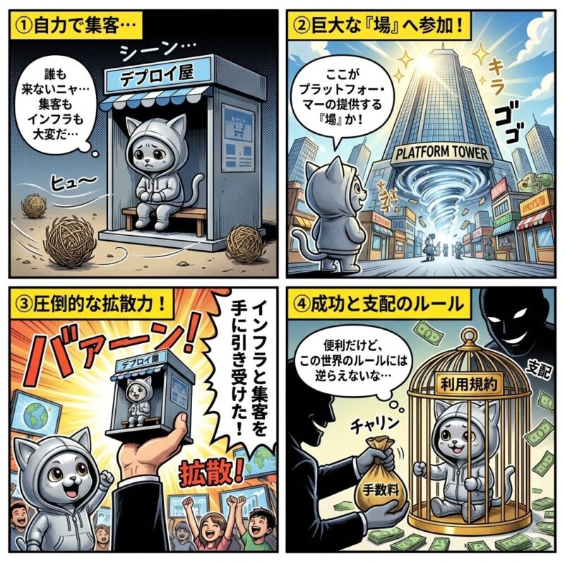 銀色の猫キャラクター「デプロイ太郎」が、巨大なITプラットフォーム(プラットフォーマー)が持つ圧倒的な集客・拡散力というメリットと、手数料や規約による支配というデメリットを解説する4コマ漫画。