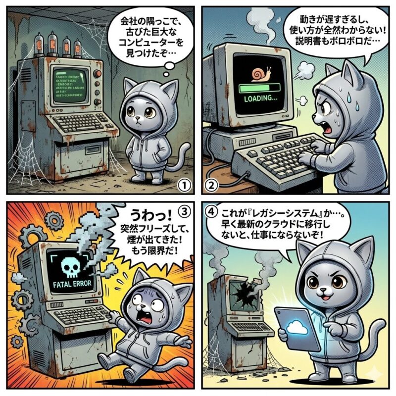 古くて使いにくいレガシーシステムが故障し、最新のクラウドへ移行する必要性を痛感するデプロイ太郎を描いた4コマ漫画。